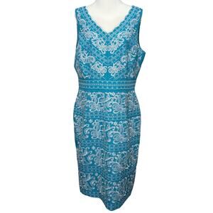 Antonio Melani Aqua Blue Textured Scalloped Embroidered Bodycon Dress Size 12